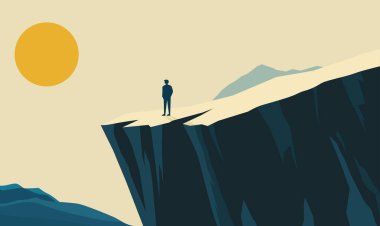 Man Silhouette Rocky Cliff Top Manzarasında Sabah Güneşiyle Başarı Sembolü Olarak Duruyor