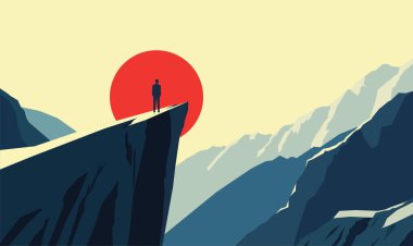 Man Silhouette Rocky Cliff Top Manzarasında Sabah Güneşiyle Başarı Sembolü Olarak Duruyor