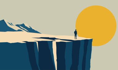 Man Silhouette Rocky Cliff Top Manzarasında Sabah Güneşiyle Başarı Sembolü Olarak Duruyor