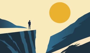 Man Silhouette Rocky Cliff Top Manzarasında Sabah Güneşiyle Başarı Sembolü Olarak Duruyor