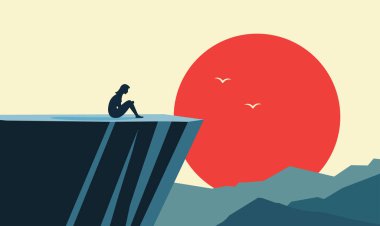 Kadın İnsanlar Silueti Rocky Kayalıklarında Tek Başına Oturuyor Doğanın tepesinde Güneşin batışında Büyük Güneş 'le