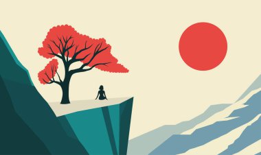 Kadın İnsanlar Silueti Rocky Cliff Tepesinde Sabah Gökyüzünde Güneş ve Ağacın Üzerinde Oturuyor