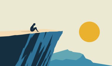 Kadın İnsanlar Silueti Rocky Kayalıklarında Oturuyor Sabah Güneşli Doğanın Zirvesinde