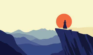 Kadın İnsanlar Silueti Giyinik Rocky Cliff Tepesinde Güneşle Güneşin Üzerinde Duran Gökyüzünde