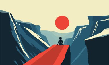 Rocky Cliff Tepesinde Güneş 'le Güneşin Altında Oturan Kadın Siluetinin Arka Görünümü