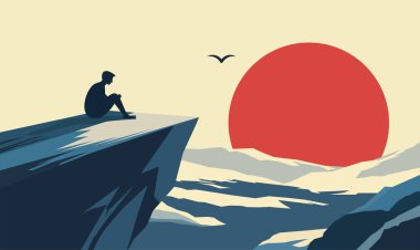 İnsan Halkı Silueti Kayalıklarda Tek Başına Oturuyor Doğanın tepesinde Güneşin batışında Büyük Güneş 'le