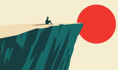 İnsan Halkı Silueti Kayalıklarda Tek Başına Oturuyor Doğanın tepesinde Güneşin batışında Büyük Güneş 'le