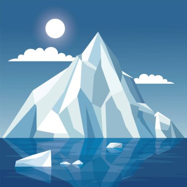 Donmuş Buz Dağı Buzul Doğa Manzarası Mavi Okyanus 'ta Güneş' le Parlak Gökyüzünde yüzüyor