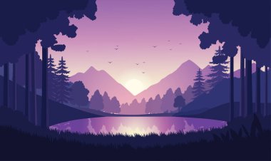 Güzel Dağlar Gölü Doğa Manzarası Ormanda Çam Ağaçları Şafakta Güneş