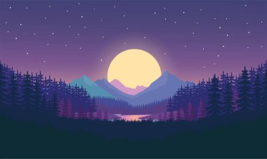 Güzel Dağlar Nehir Doğal Manzara Ormanda Çam Ağaçları Şafakta Güneş