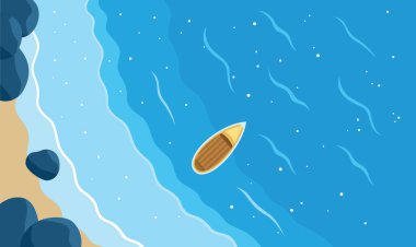 Okyanus Dalgaları Sahil Hattı 'nın Hava Görüntüsü. Suyun kenarında süzülen bir Tekne ile