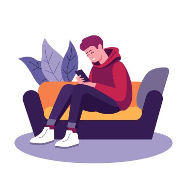 Çocuk koltukta oturuyor. Rahat telefona odaklan.