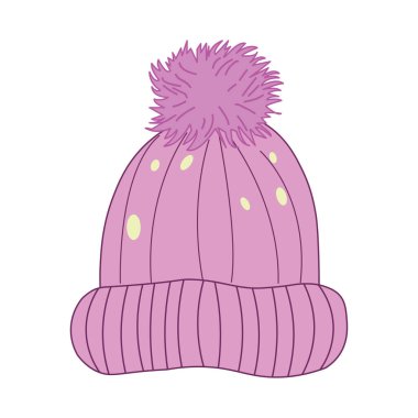 Sarı Noktalı Açık Mor Fasulye Şapka ve Pembe Pon Pon