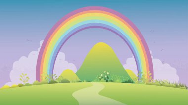 Bright Rainbow Over Natural Grassland Scene