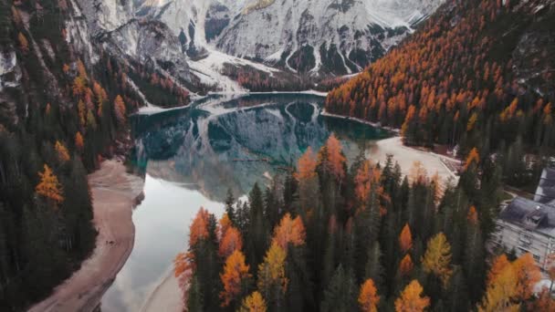 Höstfilm Lago Braies Pragser Wildsee Dolomiterna Italien 2022 Högkvalitativ Film — Stockvideo