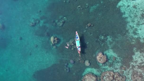 Aerial Drone Boat Ocean Tao Thailand Beach Tropical Paradise High — Stock Video