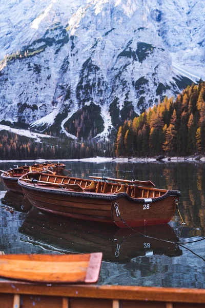 stock image Lago di Braies Pragser Wildsee Drone Aerial Italy Boats and reflection. High quality photo