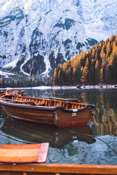 Stock image Lago di Braies Pragser Wildsee Drone Aerial Italy Boats and reflection. High quality photo