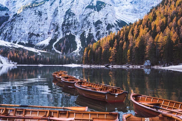 stock image Lago di Braies Pragser Wildsee Drone Aerial Italy Boats and reflection. High quality photo