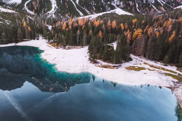 Lago Braies Pragser Wildsee Drone Aerial Italy Boats Reflection High — Stock Photo, Image