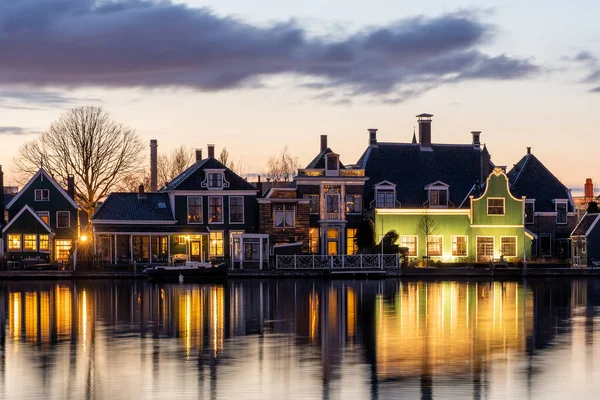 Moinhos Vento Casas Zaanse Schans Nos Países Baixos Amsterdam Sunset — Fotografia de Stock