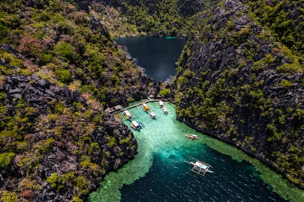 Aerial View Twin Lagoon Turquoise Waters Drone Philippines Coron High — Stock Photo, Image