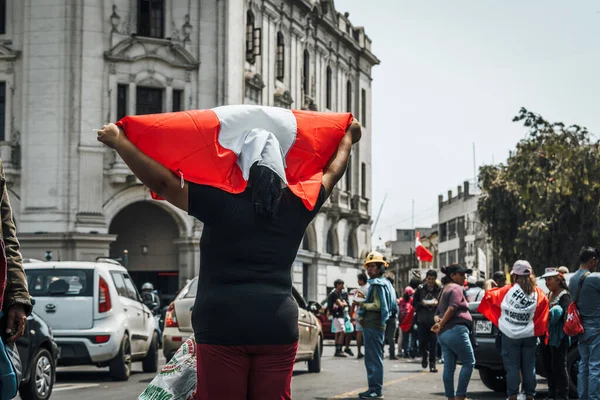 Lima, Peru - January 20, 2023: Political Protests and demonstrations with flags on the streets of Lima. High quality photo