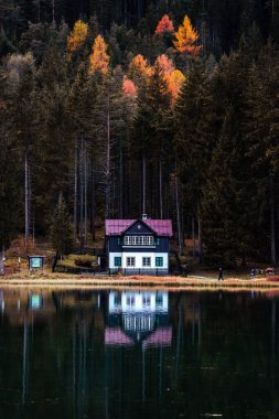 Toblacher See 'nin Sonbahar Sonbaharı Renkleri, Dolomitler İtalya' sında bir evi ve yansımaları olan Lago di Dobbiaco. Yüksek kalite fotoğraf