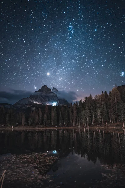 Night Photography Stars Lake Lago Dantorno Dolomites Olaszország Kiváló Minőségű — Stock Fotó