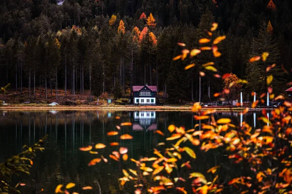 Outono Cores Queda Toblacher Veja Lago Dobbiaco Com Uma Casa — Fotografia de Stock
