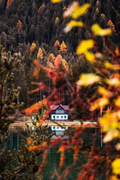 Hösten Fall Färger Toblacher See Lago Dobbiaco Med Ett Hus — Stockfoto