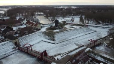 Full HD Aerial Drone footage of Fortress town Bourtange in snow The Netherlands. High quality FullHD footage