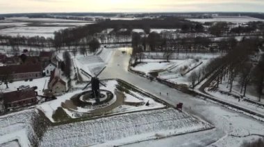 Full HD Aerial Drone footage of Fortress town Bourtange in snow The Netherlands. High quality FullHD footage
