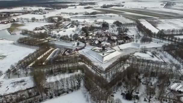 Full Aerial Drone Footage Fortress Town Bourtange Snow Netherlands High — Stockvideo