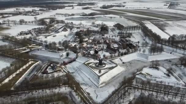 Full Aerial Drone Footage Fortress Town Bourtange Snow Netherlands High — Stock video