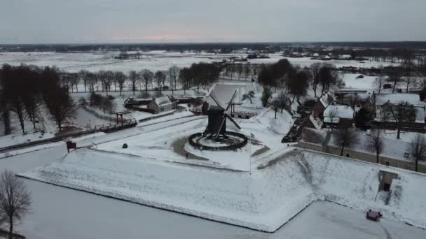 Full Aerial Drone Footage Fortress Town Bourtange Snow Netherlands High — Stock Video
