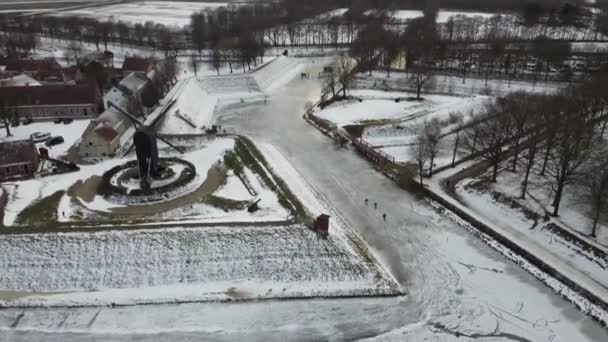 Full Aerial Drone Footage Fortress Town Bourtange Snow Netherlands High — 图库视频影像
