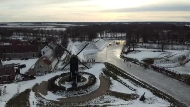 Full Aerial Drone Footage Fortress Town Bourtange Snow Netherlands High — 비디오