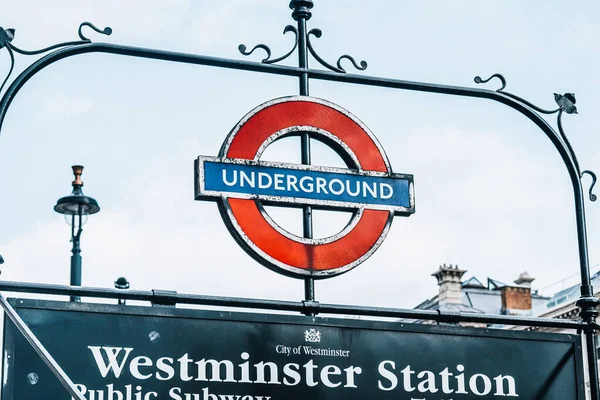 stock image Underground sign in London Tube Metro United Kingdom, Westminster Station. High quality photo