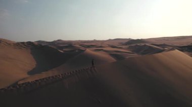 Huacachina, Ica, Peru, Güney Amerika 'da çölün, kum tepelerinin, mitinglerin ve böceklerin 4K hava aracı içeriği. Yüksek kalite 4k görüntü