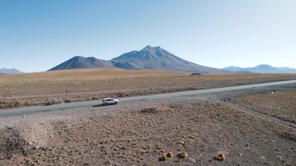 サンペドロ アタカマ チリの火山山脈の前で車を運転しています 高品質の写真 — ストック動画