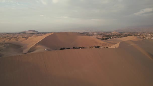 Flygdrönare Innehåll Öken Sanddyner Rallyn Och Buggys Huacachina Ica Peru — Stockvideo