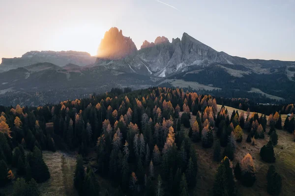 Drón Fotó Alpe Siusi Napfelkelte Dolomitok Dél Tirol Olaszország Ősszel — Stock Fotó