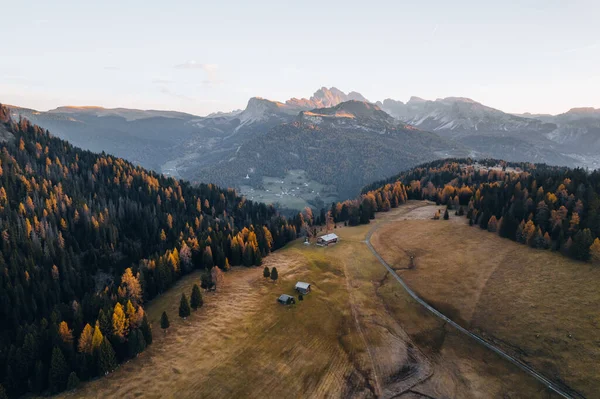 Drone Photo Alpe Siusi Sunrise Dolomites South Tyrol Italy Autumn — Stock Photo, Image