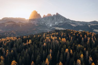 Sonbaharda Dolomites Güney Tyrol İtalya 'sında Alpe di Siusi' de gün doğumunda çekilen İHA fotoğrafı. Yüksek kalite fotoğraf