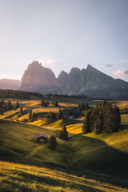 Gün doğumunda Alpe di Siusi, Seiser Alm ve Dolomitler 'in göz kamaştırıcı manzarası. Yüksek kalite fotoğraf