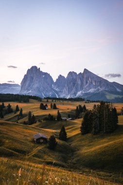 Gün doğumunda Alpe di Siusi, Seiser Alm ve Dolomitler 'in göz kamaştırıcı manzarası. Yüksek kalite fotoğraf