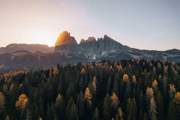 Zdjęcie Drona Wschodzie Słońca Alpe Siusi Dolomitach Południowy Tyrol Włochy — Zdjęcie stockowe