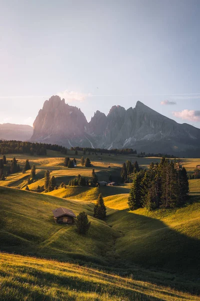 Lenyűgöző Kilátás Alpe Siusi Seiser Alm Napkeltekor Dolomitok Kiváló Minőségű — Stock Fotó