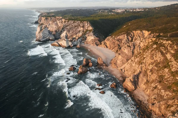 Fotografie Leteckého Dronu Praia Ursa Portugalsku Během Západu Slunce Vysoce — Stock fotografie